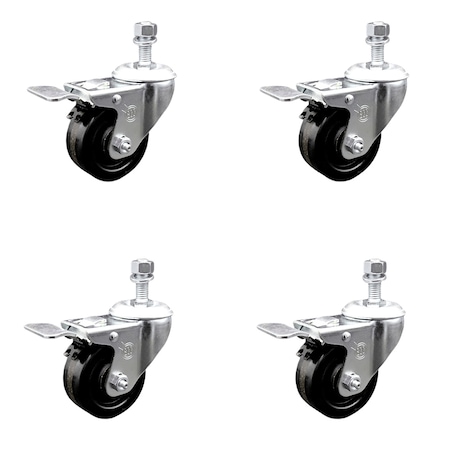 Service Caster 3.5 Inch SS Phenolic Swivel 10mm Threaded Stem Caster Set Total Lock Brake SCC-SSTSTTL20S3514-PHS-M1015-4